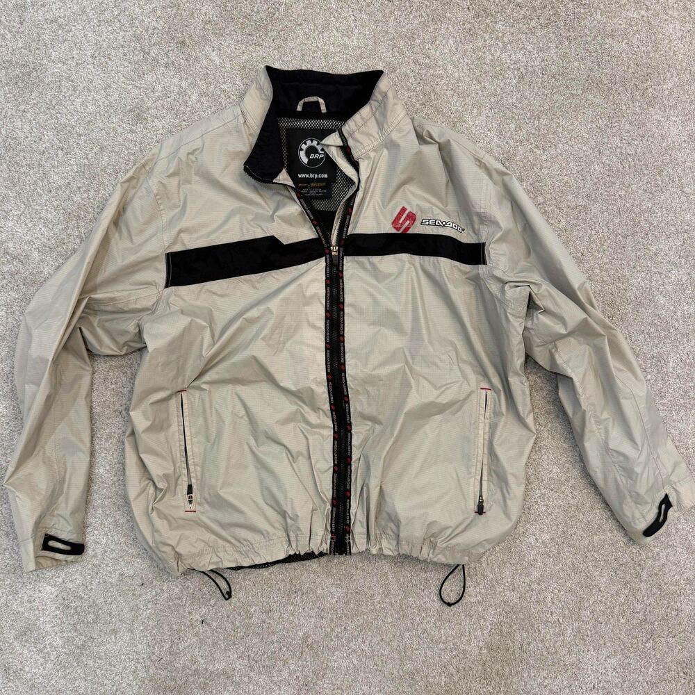 Sea-Doo BRP Jacket Mens 2XL Beige Black Full Zip Lightweight Windbreaker Rain